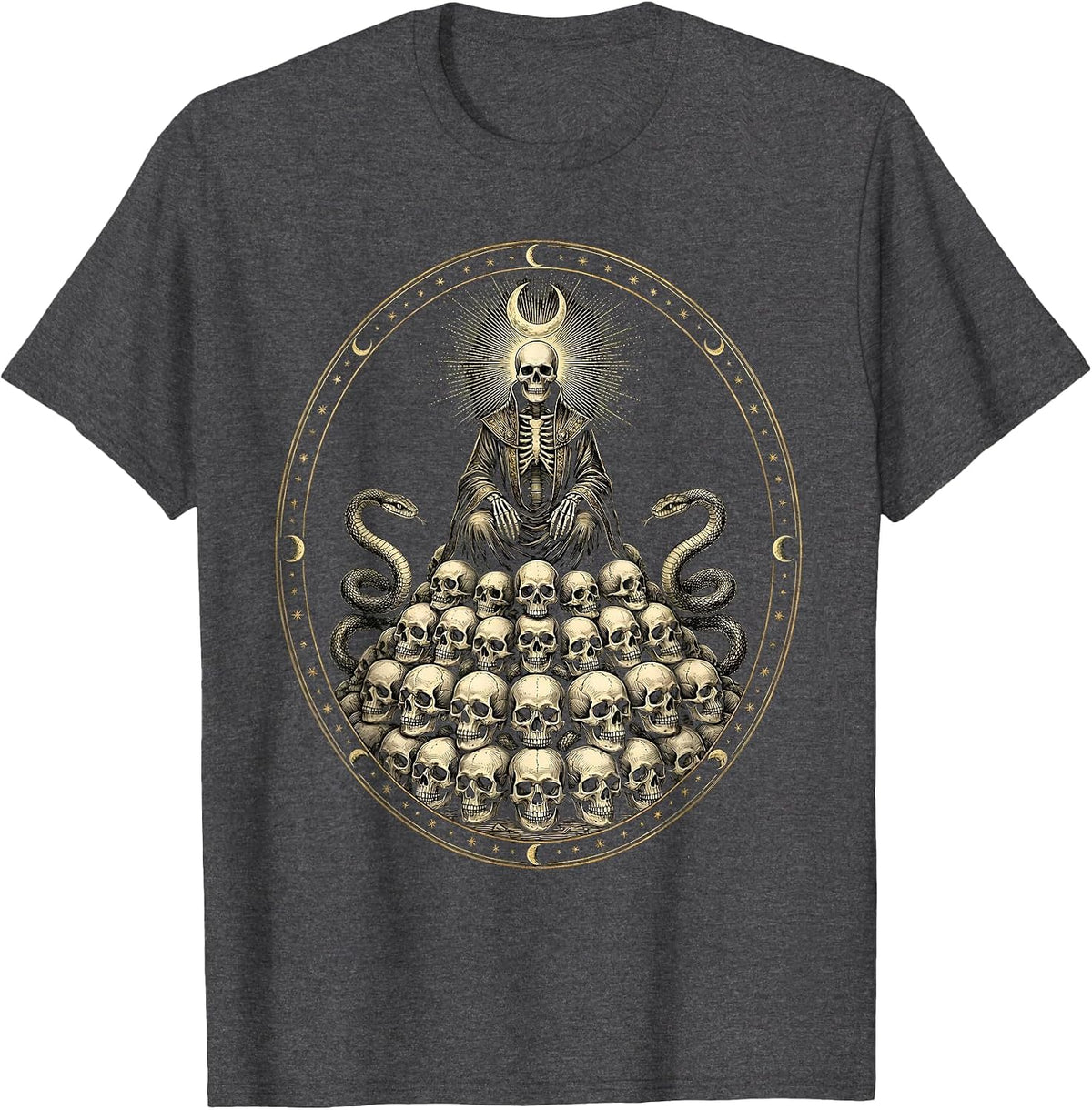 Skeleton Throne of Skulls Dark Fantasy Art T-Shirt - Dark Heather Grey