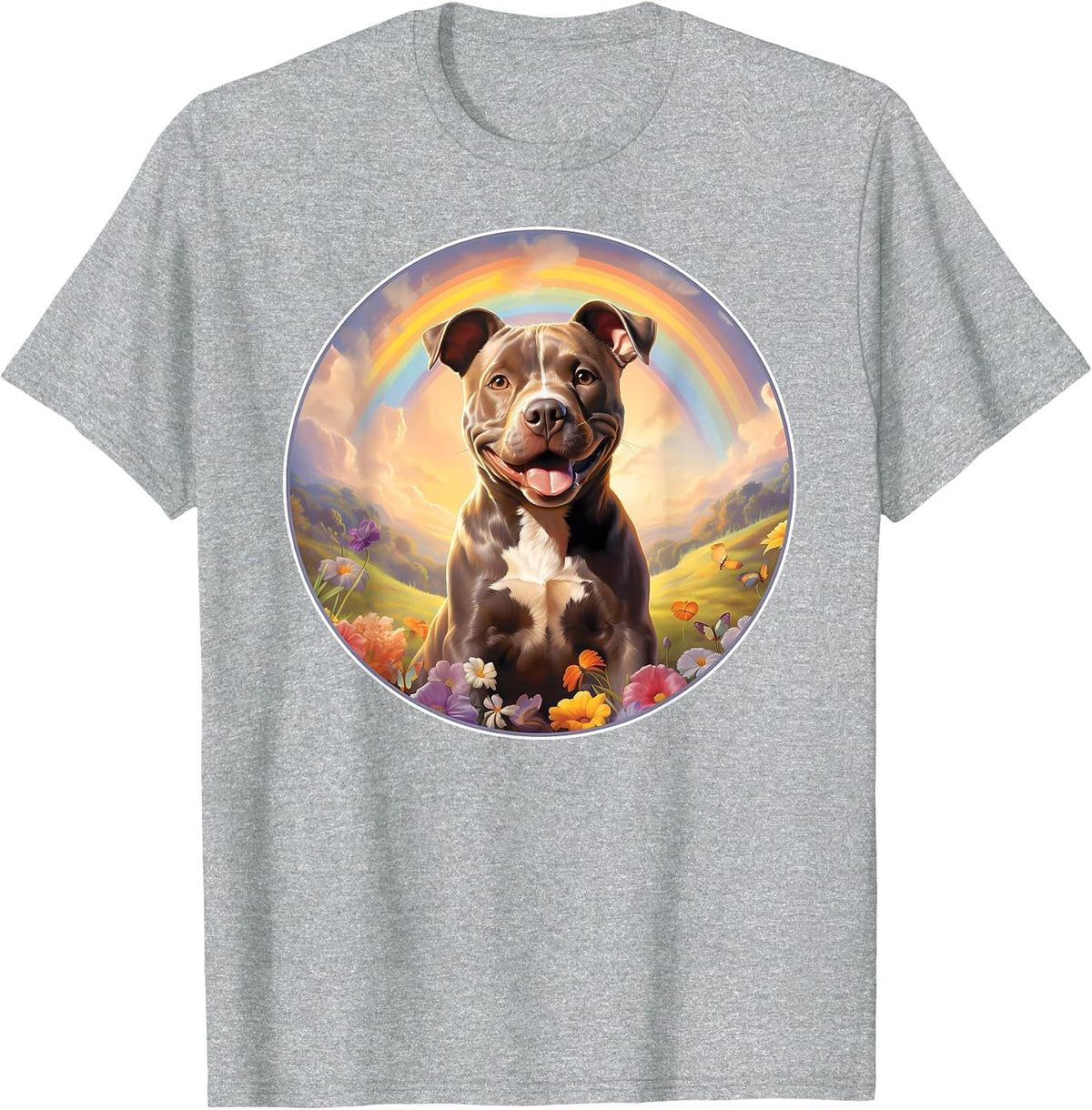 Pitbull Rainbow Bridge Memorial Colorful Dog Art T-Shirt - Heather Grey