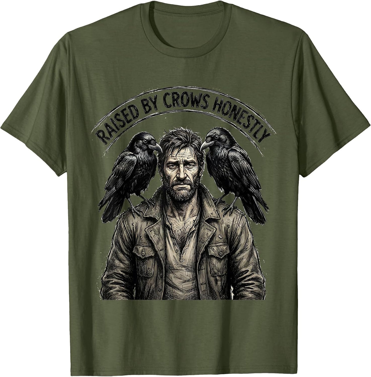 Men's Raised by Crows Funny Crow Lover Design T-Shirt - Olive Green