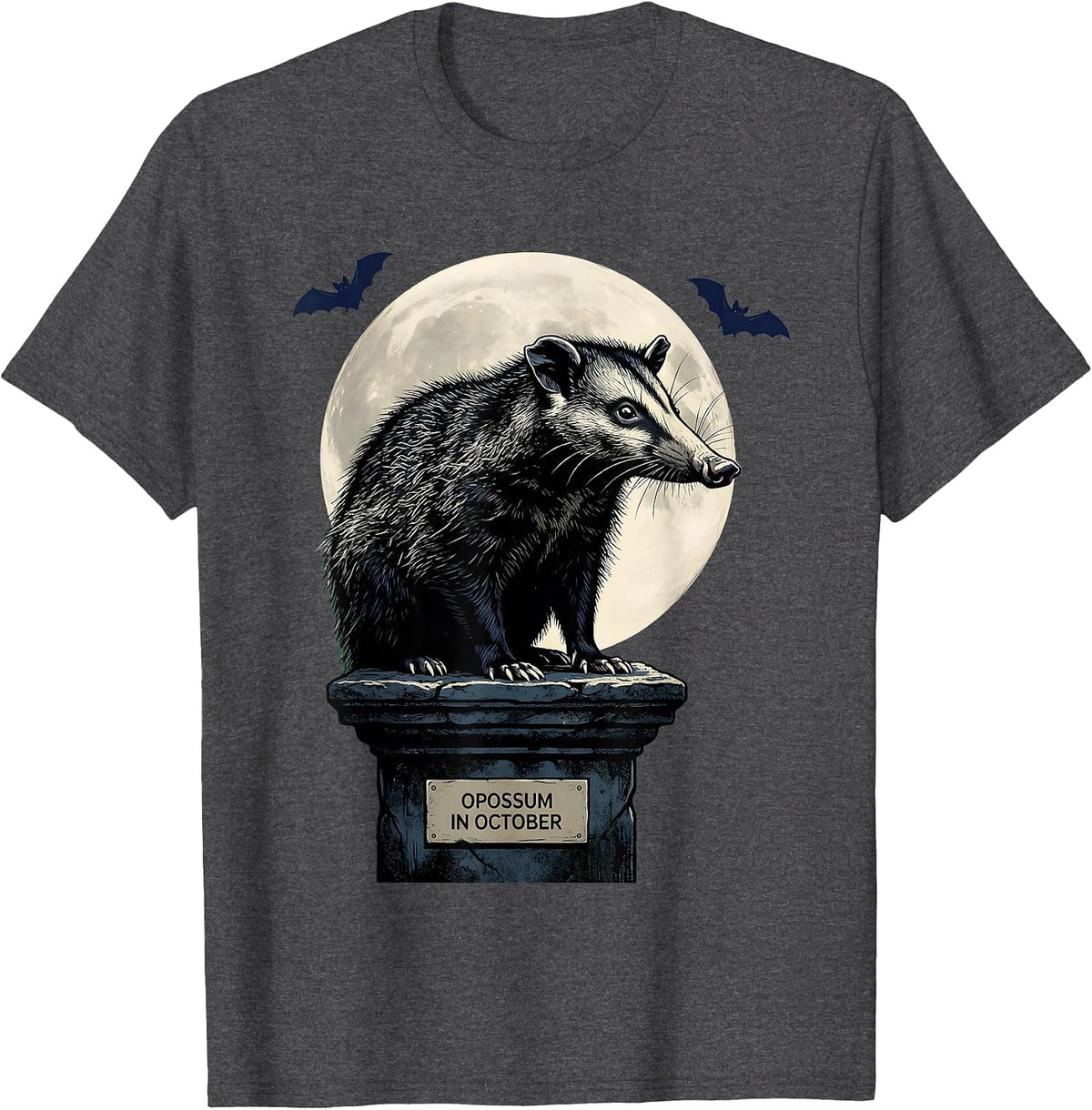 Opossum in October Vintage Gothic Halloween Spooky Moon T-Shirt - Dark Heather Grey