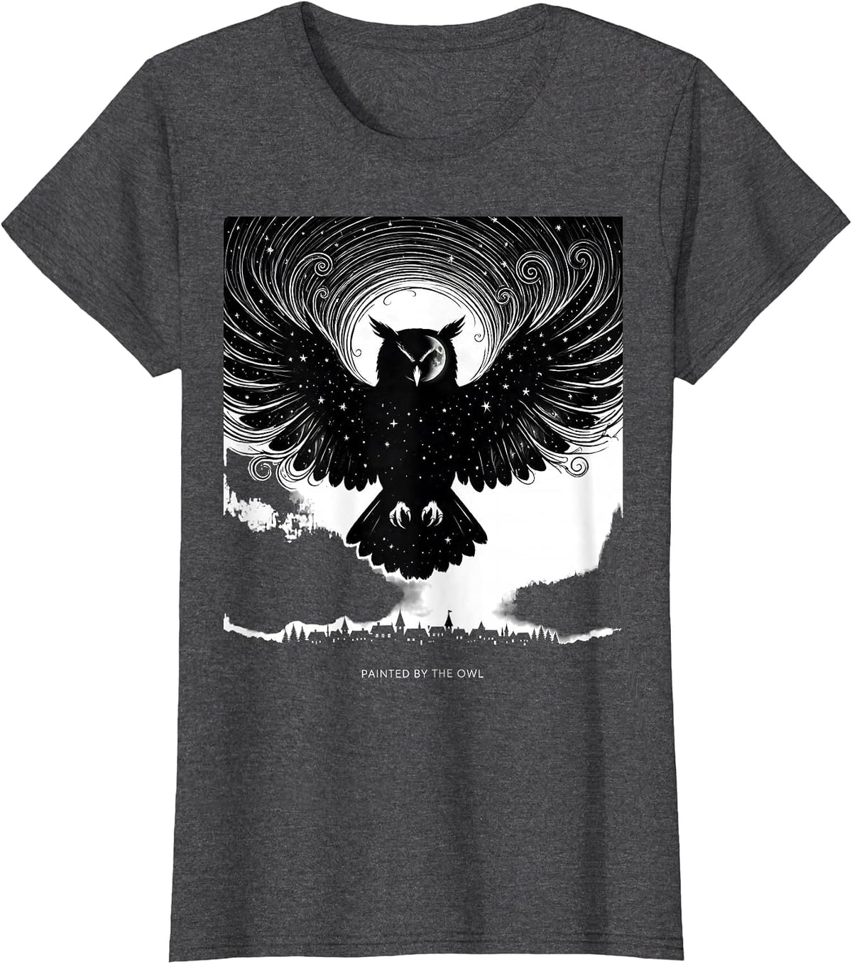 Women's Painted By The Owl Whimsical Van Gogh Cat Lover Silhouette T-Shirt - Dark Heather Grey