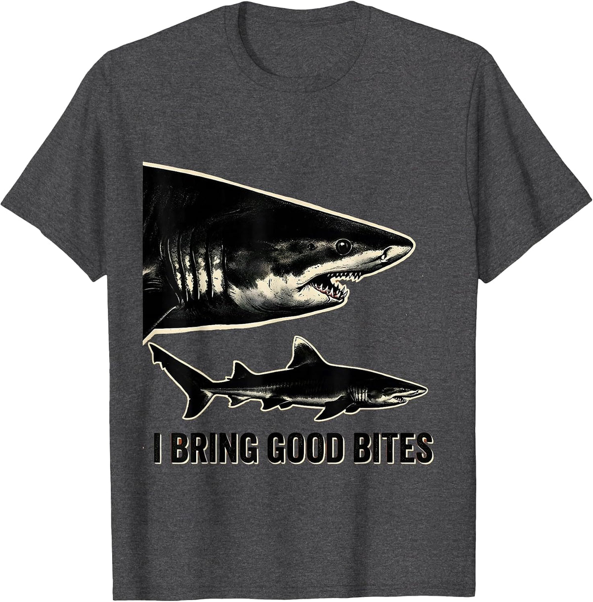 I Bring Good Bites Playful Shark Lover Ocean Wildlife Humor T-Shirt - Dark Heather Grey