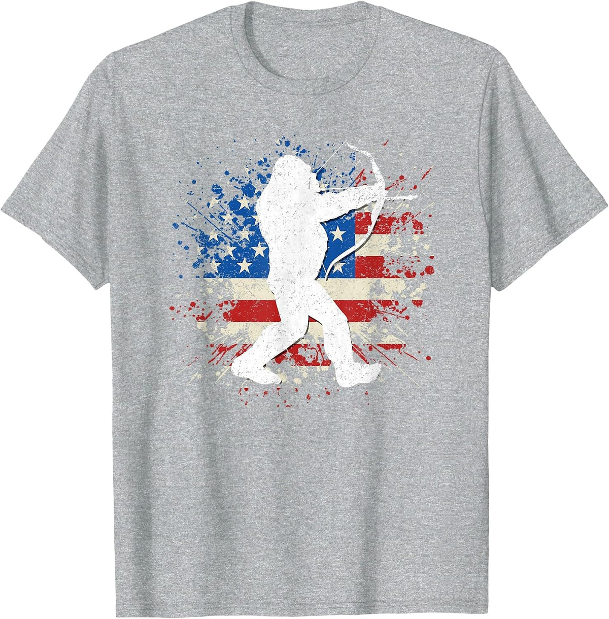 Bigfoot Bow Hunting Archery American Flag Sasquatch Hunter T-Shirt - Heather Grey