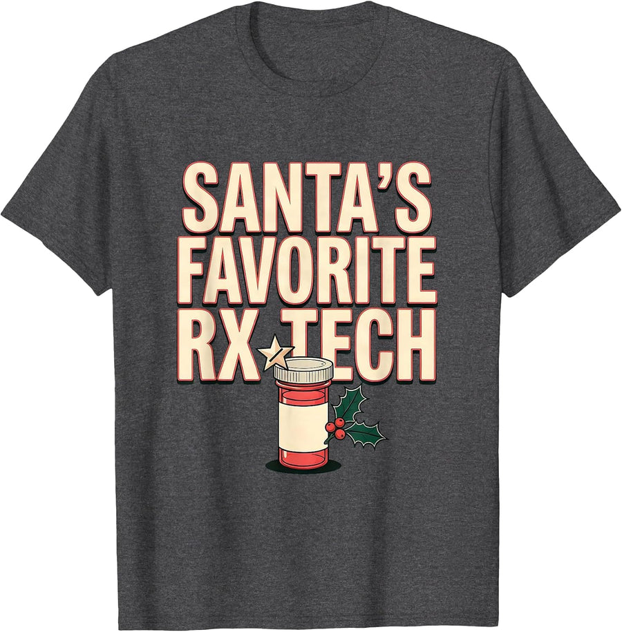 Men's Santa's Favorite Rx Tech Funny Pharmacy Tech Christmas Squad T-Shirt - Dark Heather Grey