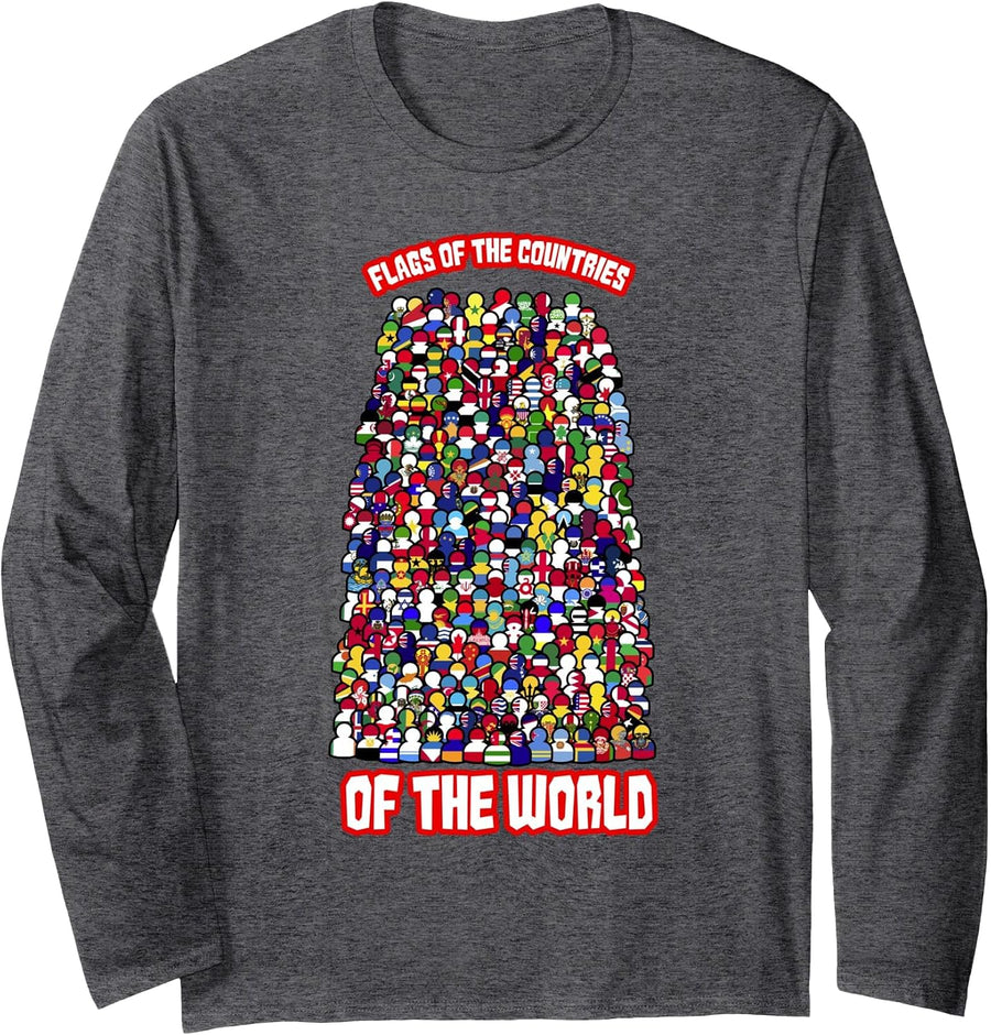 Flags of The Countries of The World International Humans Long Sleeve T-Shirt - Adult Unisex Dark Heather Grey