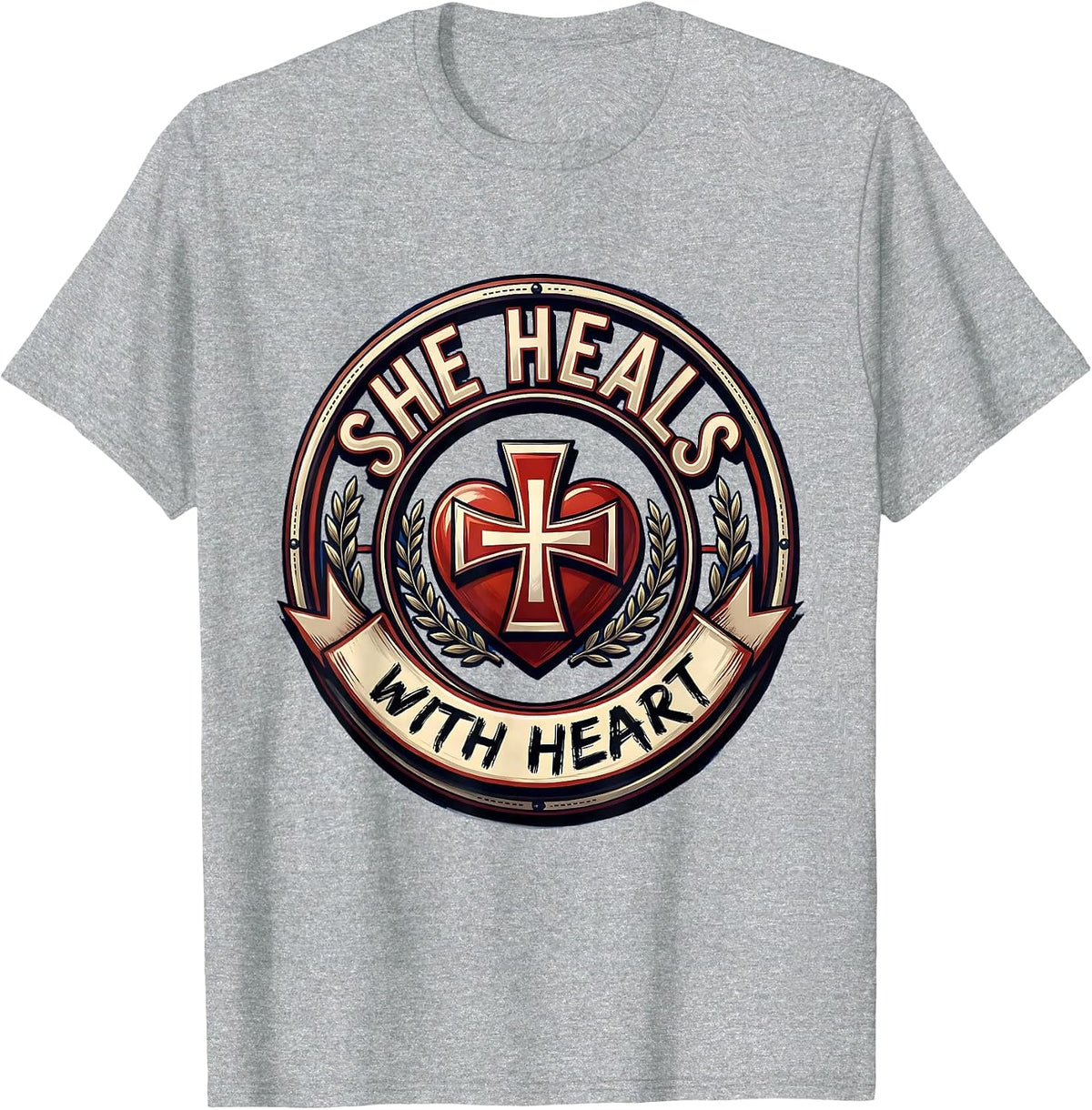 Men's She Heals With Heart Nurse Graphic Design T-Shirt - Heather Grey