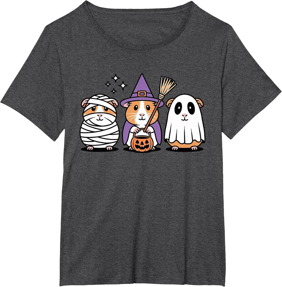 Cute Guinea Pig Halloween Witch Mummy Ghost T-Shirt - Dark Heather Grey