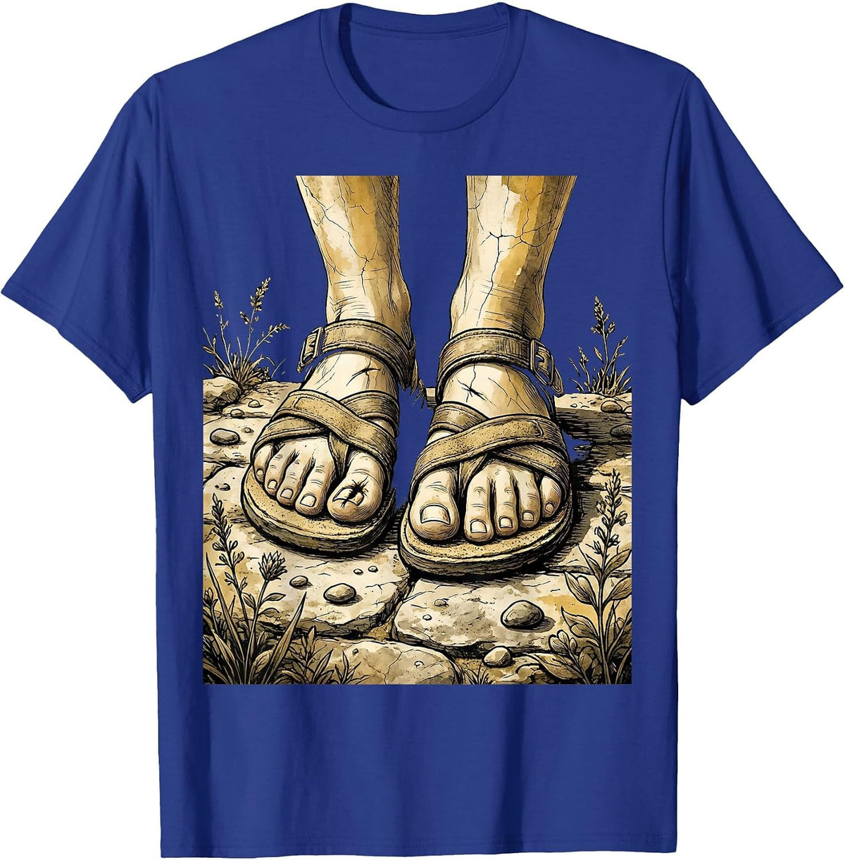 Jesus Nail Scarred Feet on Stone Christian Graphic T-Shirt - Royal Blue