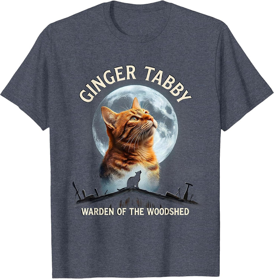 Ginger Tabby Warden of the Woodshed 90's Retro Cat Howling T-Shirt - Heather Blue