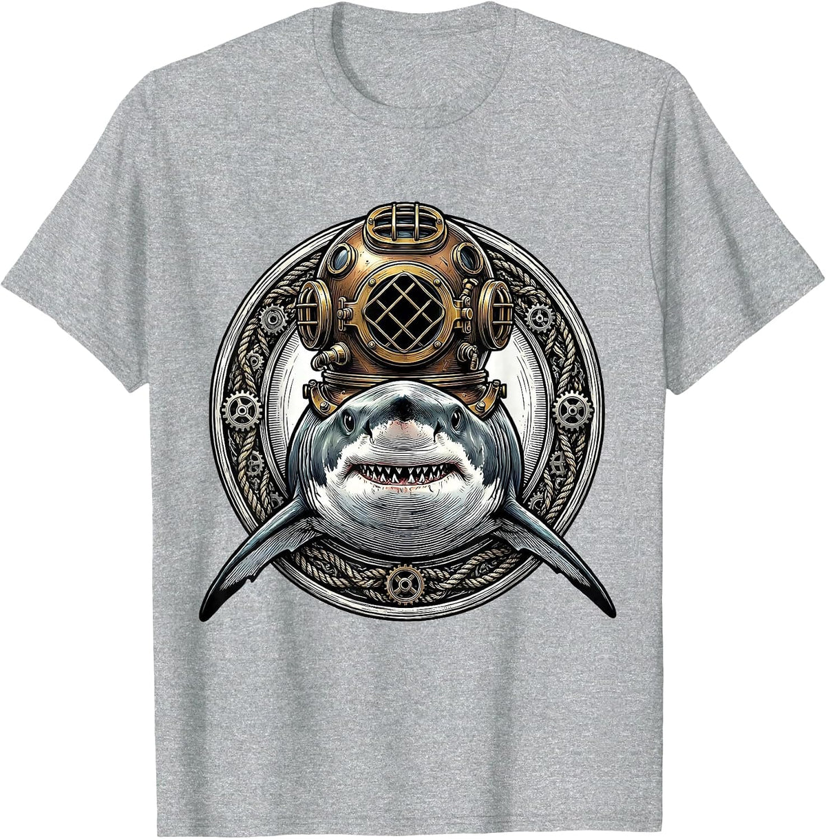 Men's Shark in Vintage Diving Helmet Graphic T-Shirt - Heather Grey