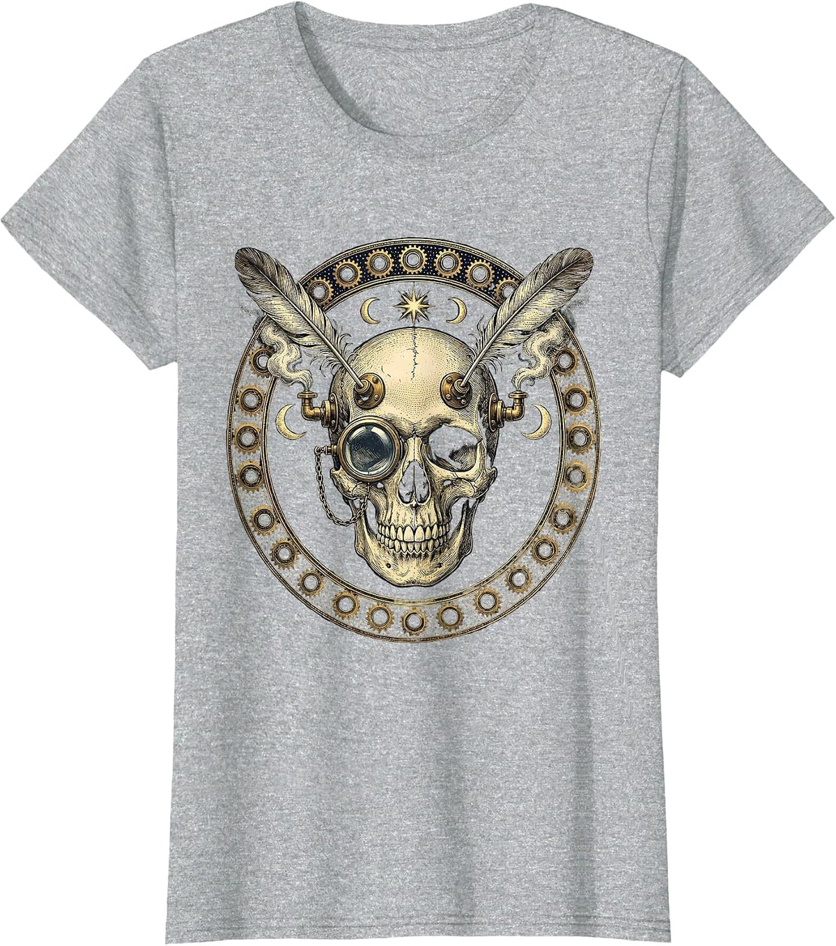 Steampunk Skull Monocle Steam Vent Gothic Art T-Shirt - Heather Grey