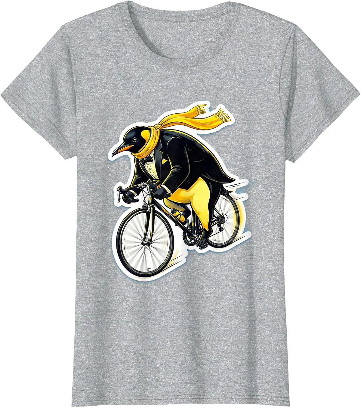 Women's Penguin Downhill Bicycle Speed Cycling Illustration T-Shirt - Heather Grey