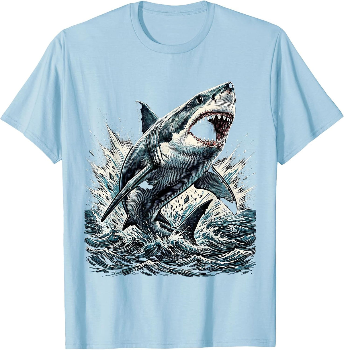 Men's Boys Shark Bursting Through Ocean Surface T-Shirt - Baby Blue