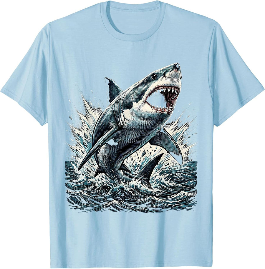 Men's Boys Shark Bursting Through Ocean Surface T-Shirt - Baby Blue