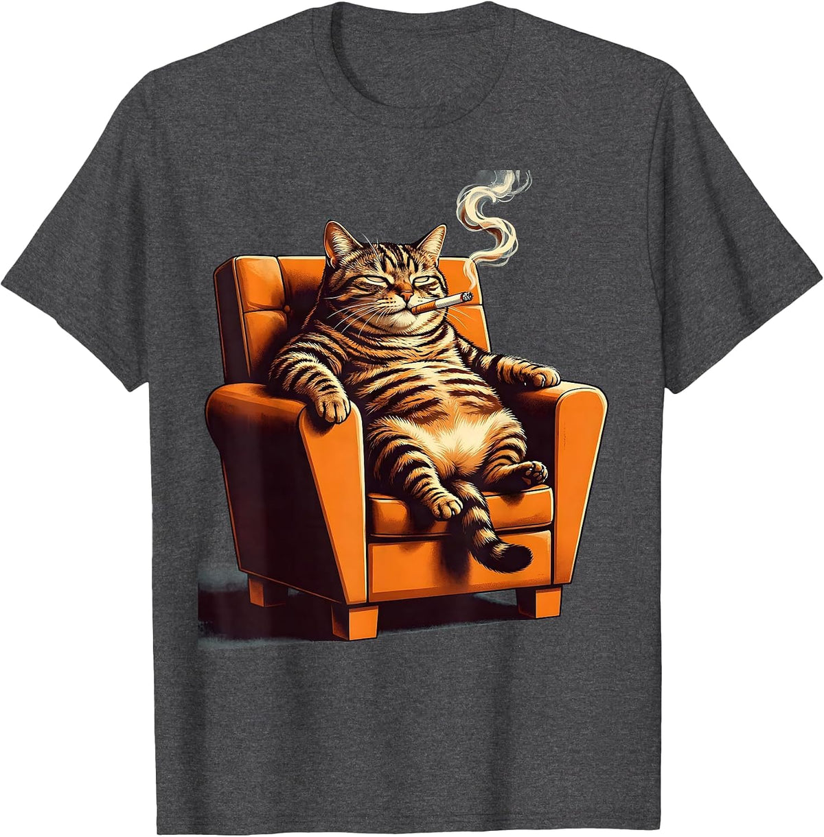 Fat Tabby Cat Smoking in Armchair Illustration T-Shirt - Dark Heather Grey