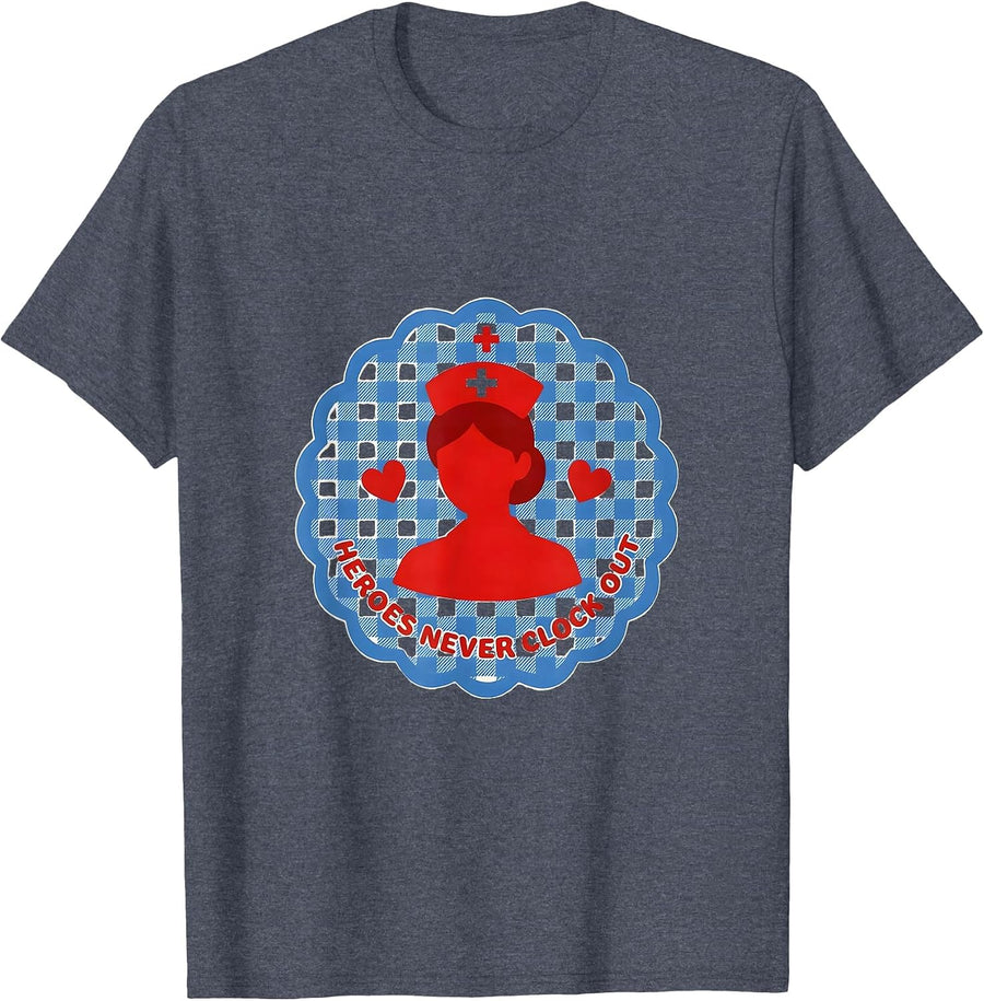 Heroes Never Clock Out Labor Day Healthcare Design T-Shirt - Heather Blue