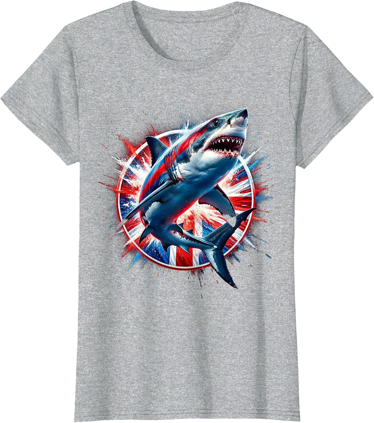 Red White Blue Great White Shark Flag Pattern T-Shirt - Heather Grey