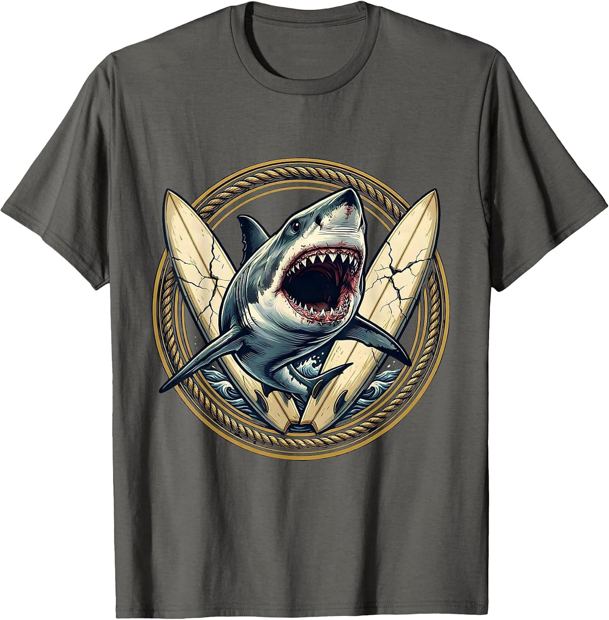 Men's Shark Bursting Through Vintage Surfboard Graphic T-Shirt - Asphalt Grey