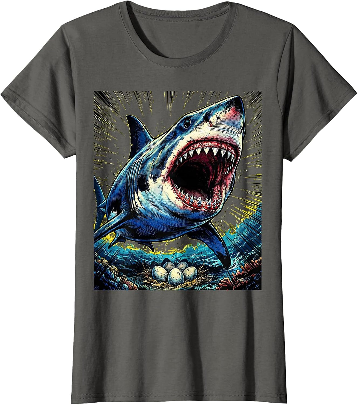 Women's Mama Shark Roaring Over Nest Protective Design T-Shirt - Asphalt Grey