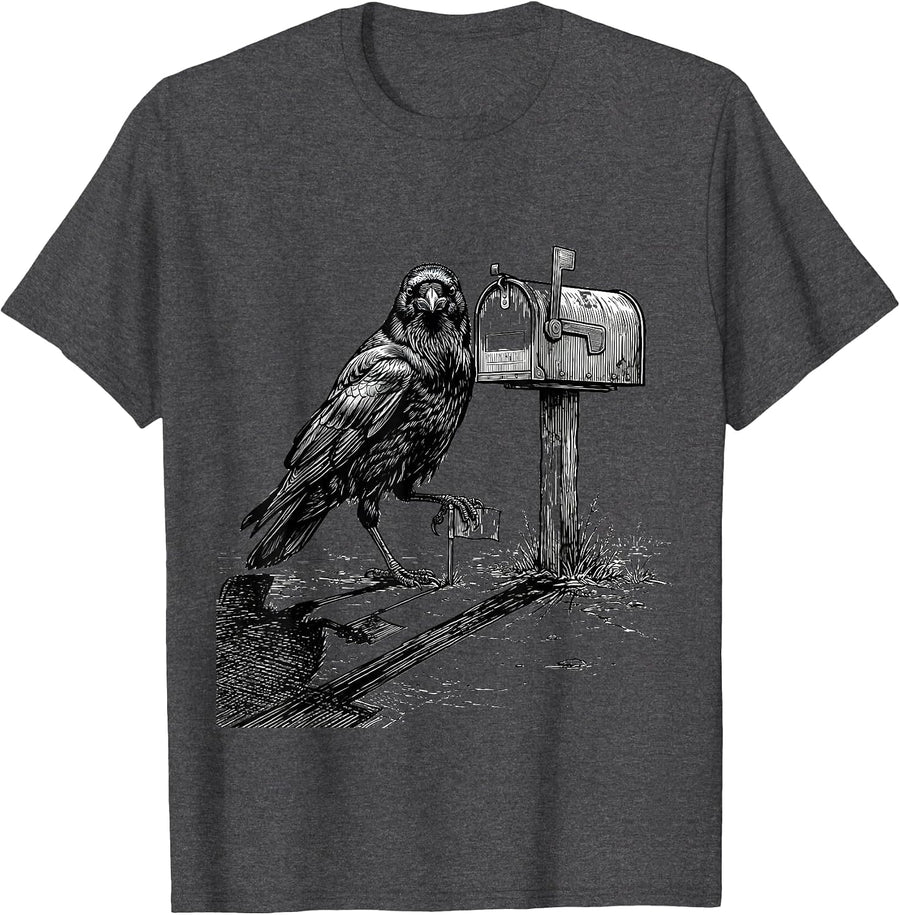 Men's Crow Mailbox Line Art Dark Humor Gothic Bird Lover T-Shirt - Dark Heather Grey