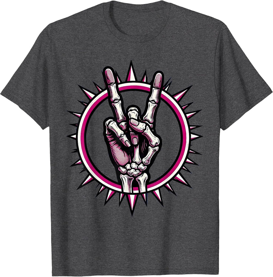 Men's Skeletal Devil Horns Rock and Roll Hand Sign T-Shirt - Dark Heather Grey