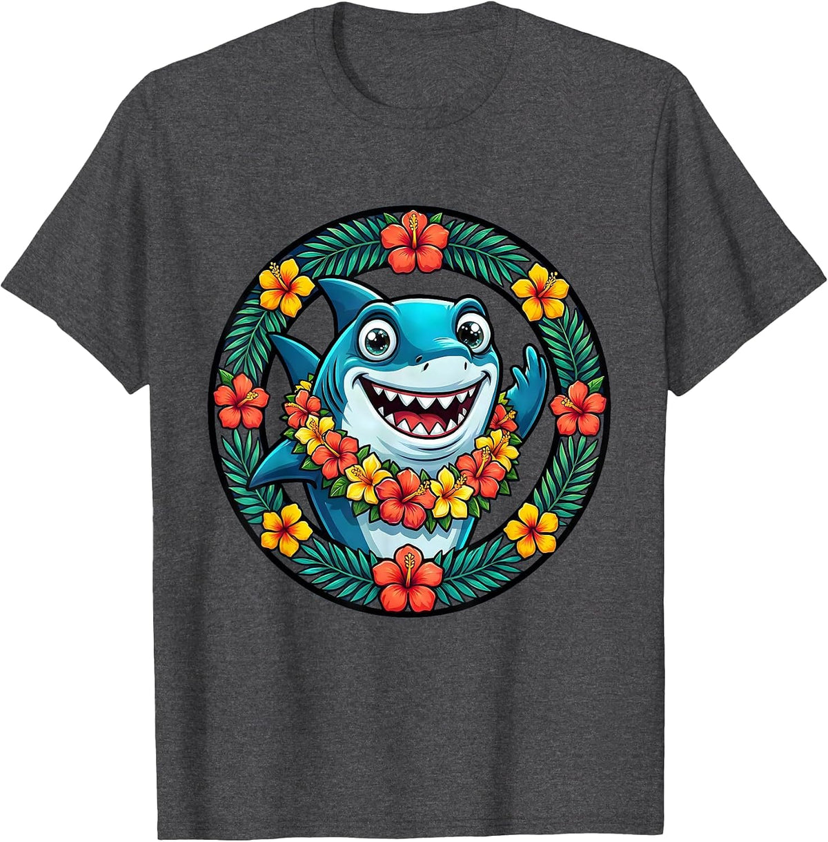 Kids Hawaiian Shark Floral Lei Cartoon Design T-Shirt - Dark Heather Grey