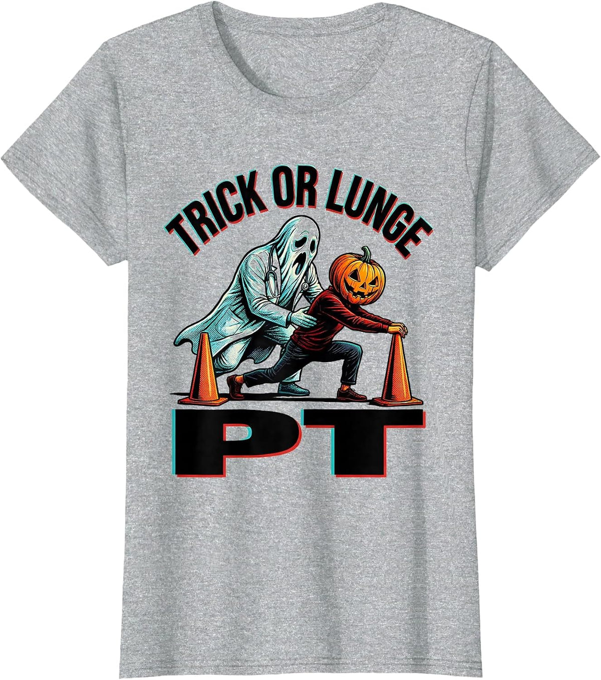 Women's Trick Or Lunge PT Pop Art Physical Therapy Halloween Humor T-Shirt - Heather Grey