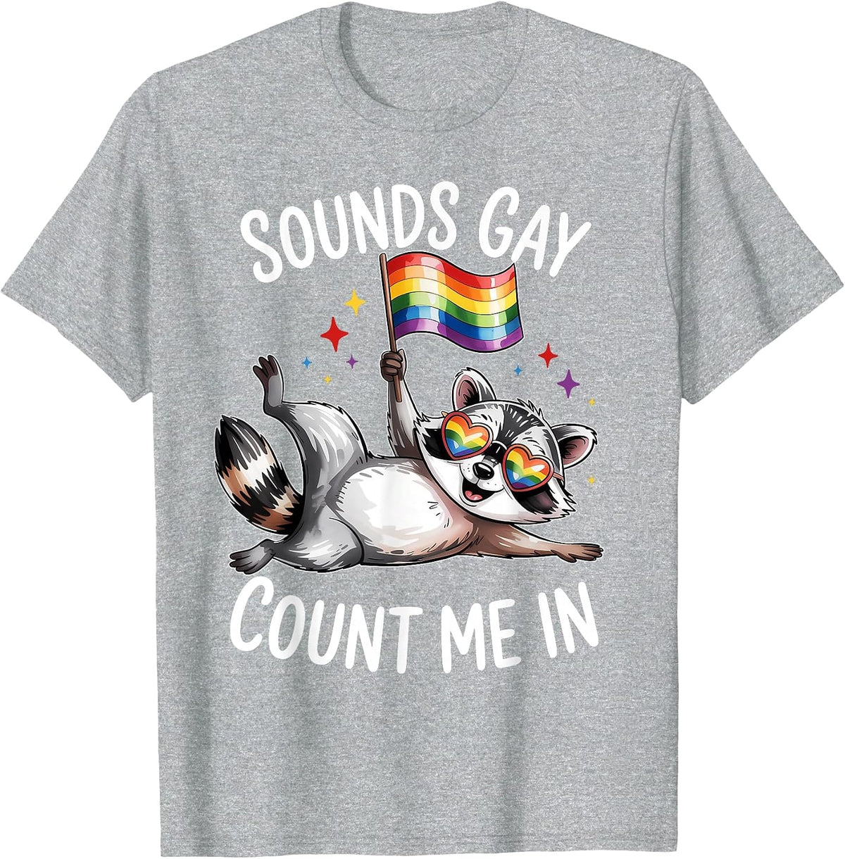 Funny LGBT Ally Raccoon Holding a Rainbow Flag LGBT Support T-Shirt - Heather Grey