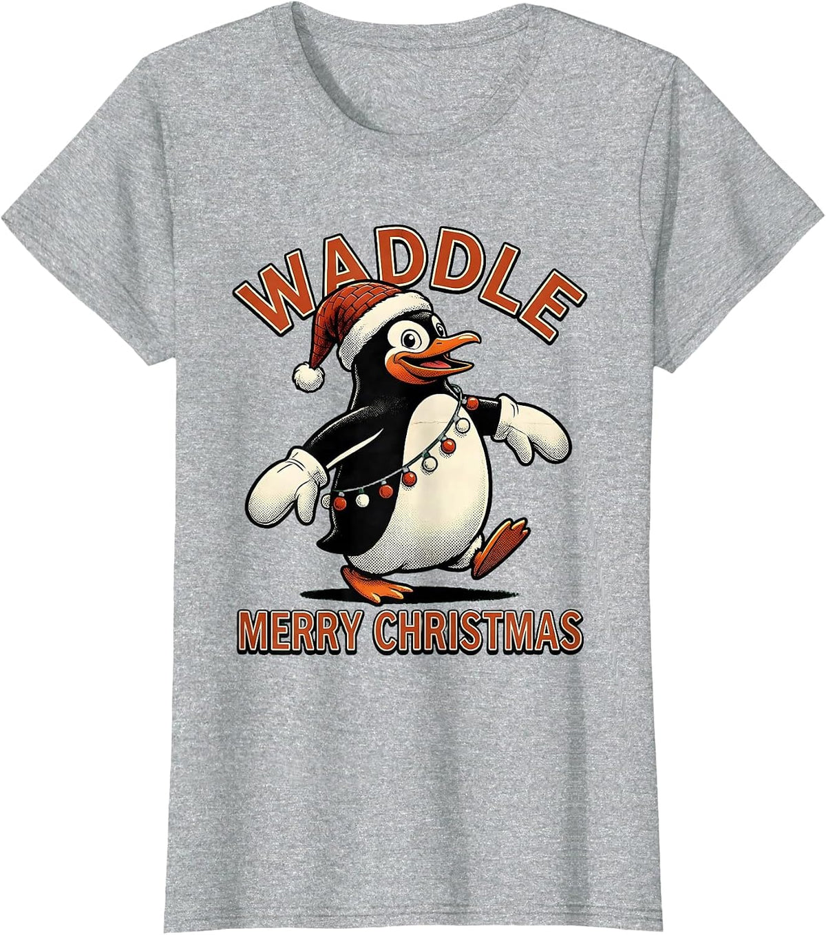 Waddle Merry Christmas Retro Cartoon Penguin Santa Hat T-Shirt - Heather Grey