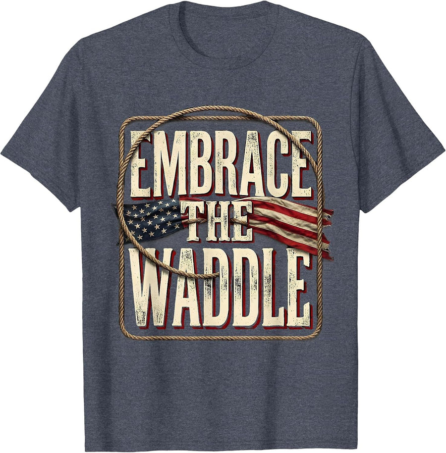 Embrace the Waddle Penguin Graphic Design T-Shirt - Heather Blue