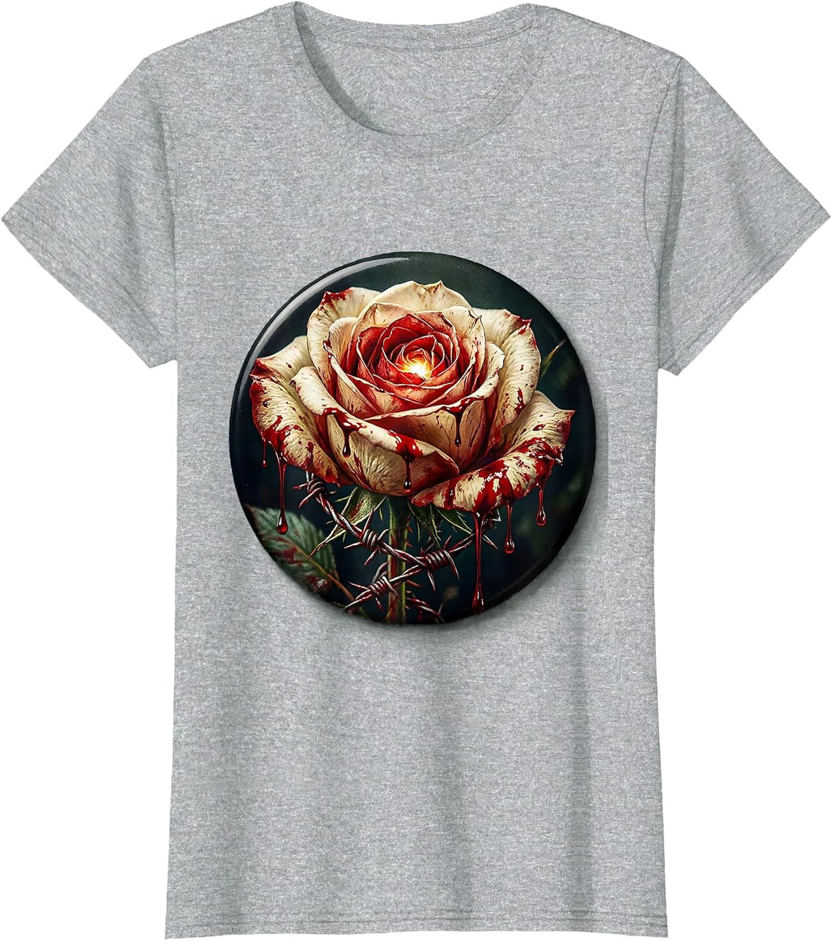 Women's Bleeding Thorned Rose Barbed Wire Dark Art T-Shirt - Heather Grey