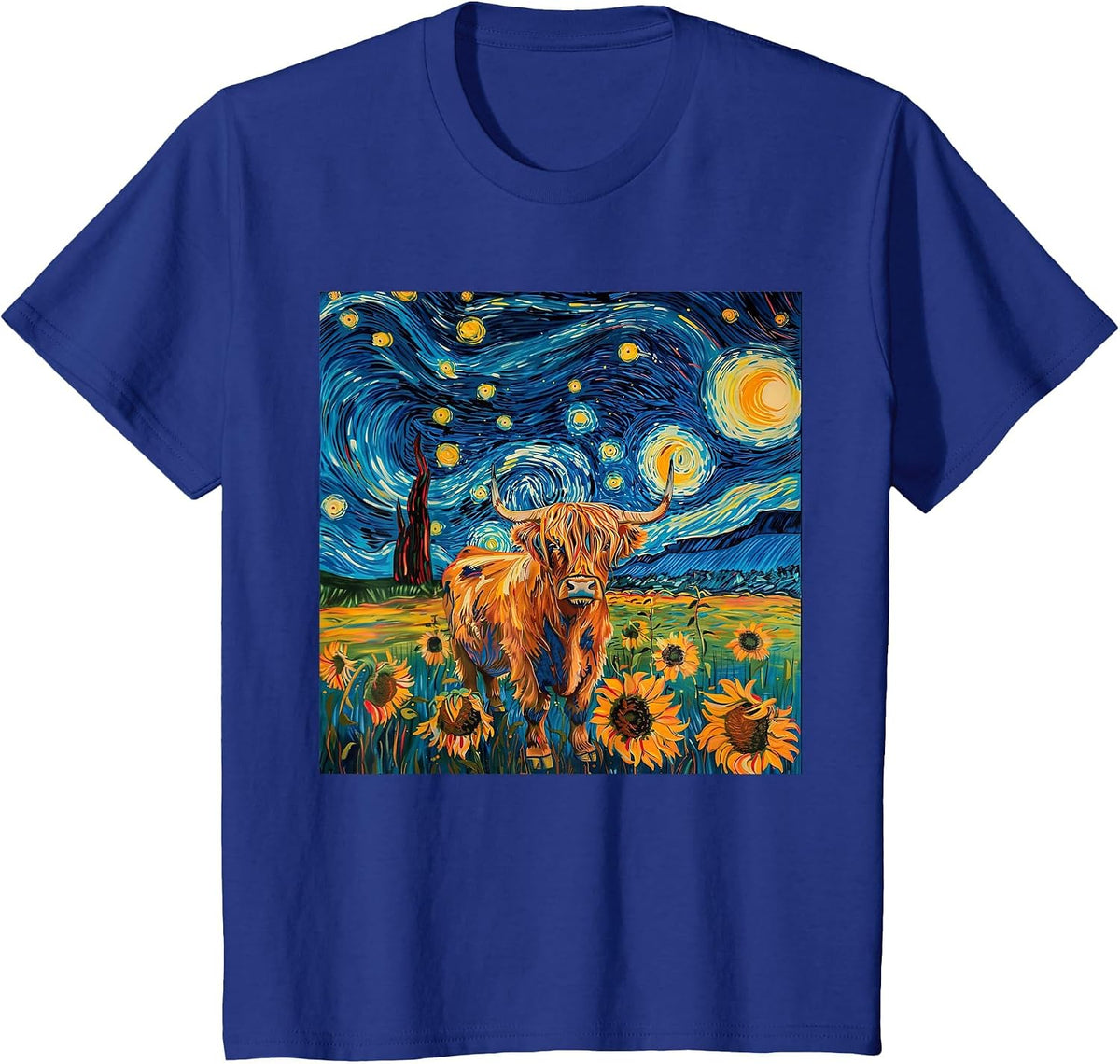 Aesthetic Scottish Highland Cow with Sunflowers Starry Night T-Shirt - Royal Blue