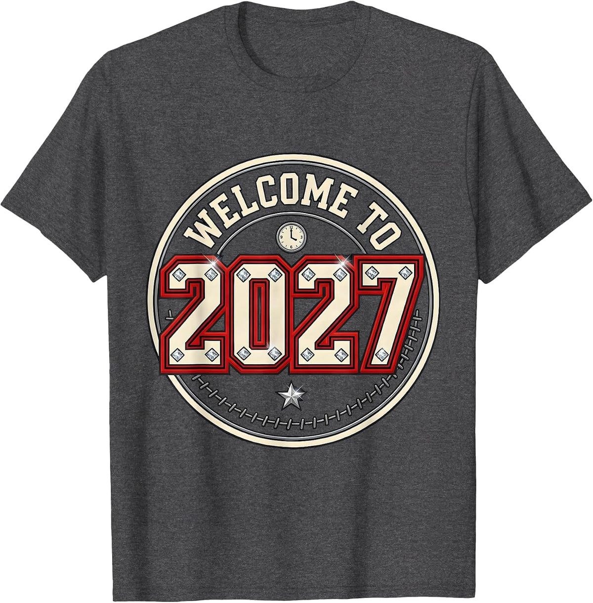 Welcome To 2027 Sparkle Varsity Novelty Party Wear T-Shirt - Dark Heather Grey