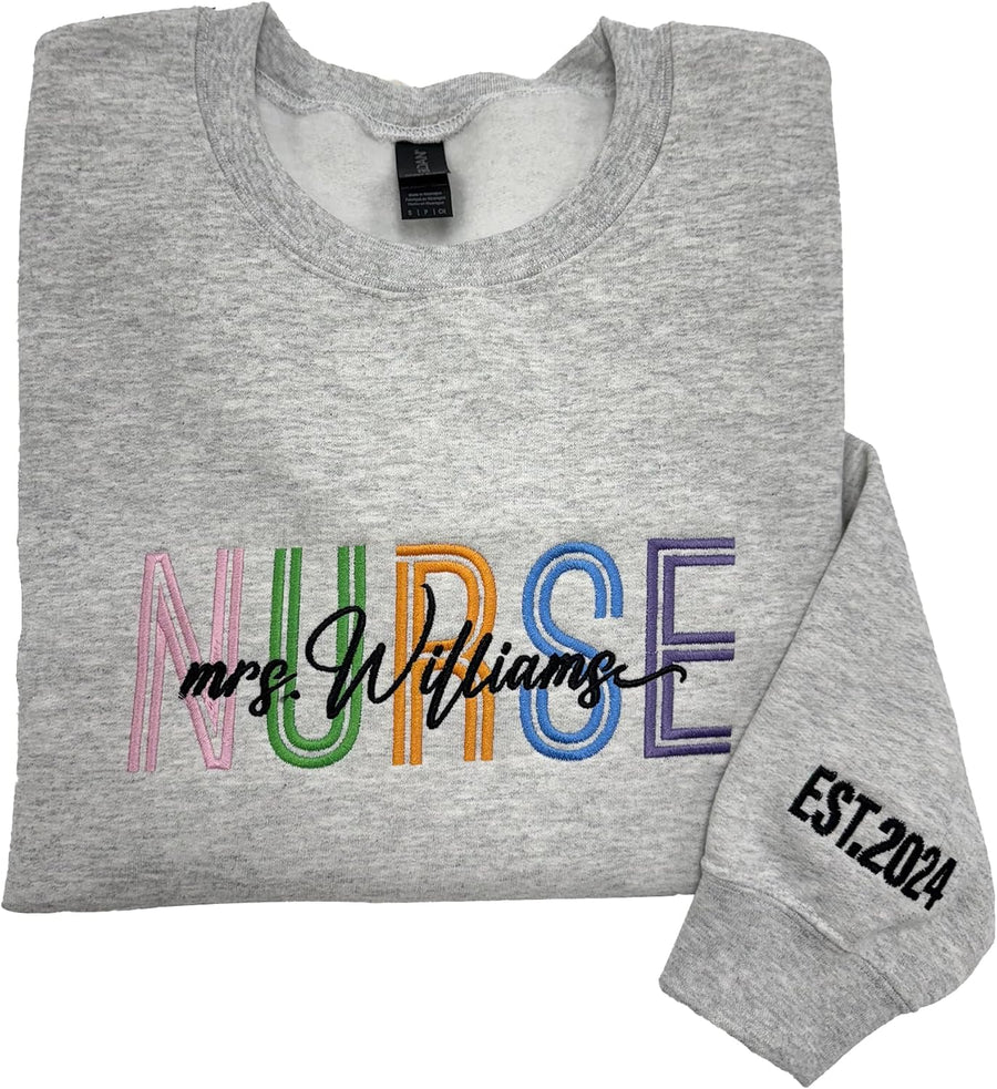 TEEAMORE Est Nurse Sweatshirt Hoodie Long Sleeve Custom Embroidery Name Personalized Gift for Nurse Life Crewneck - Long