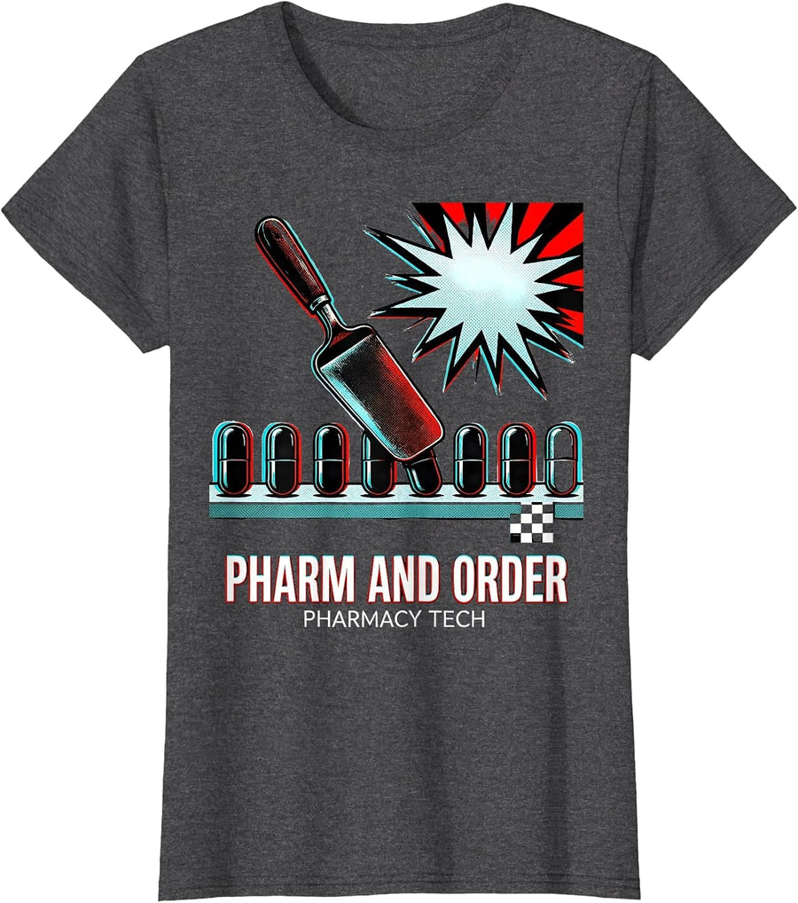 Women's Pharm And Order Pharmacy Tech Pop Art Funny Halloween T-Shirt - Dark Heather Grey