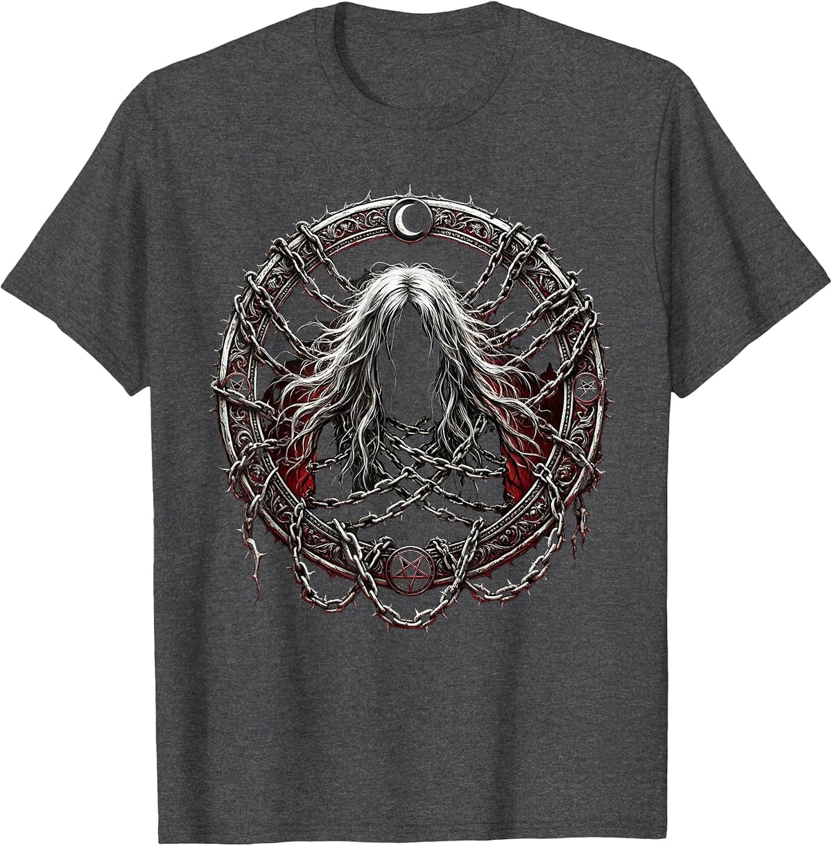 Emo Chained Long Hair Dark Art Graphic T-Shirt - Dark Heather Grey