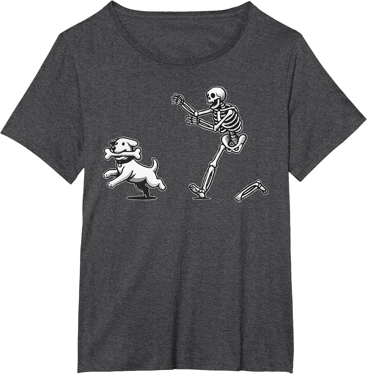 Skeleton Dog Halloween Skeleton Chasing Dog T-Shirt - Dark Heather Grey