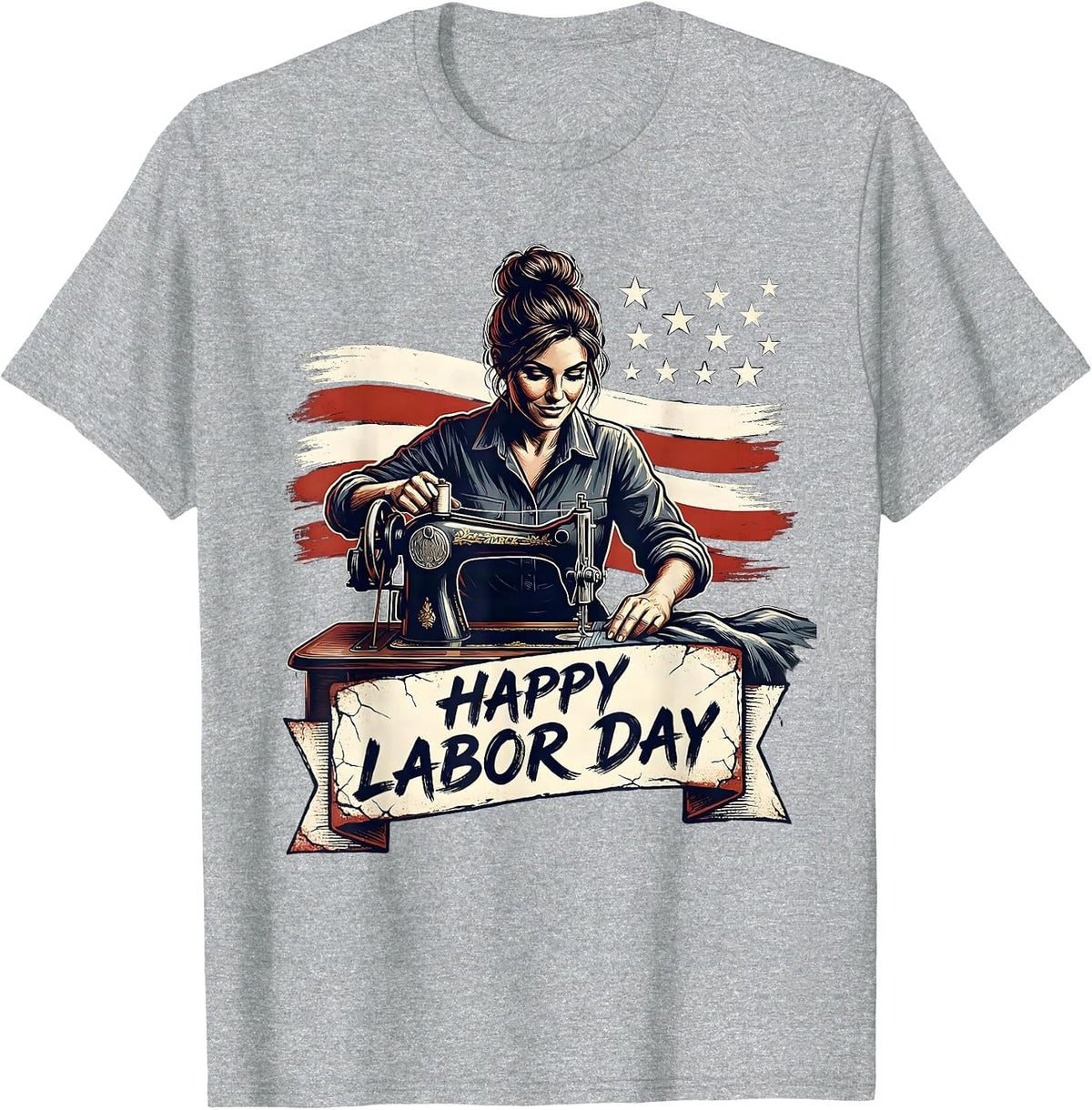 Men's Happy Labor Day Distressed Patriotic Woman Messy Bun Labor T-Shirt - Heather Grey