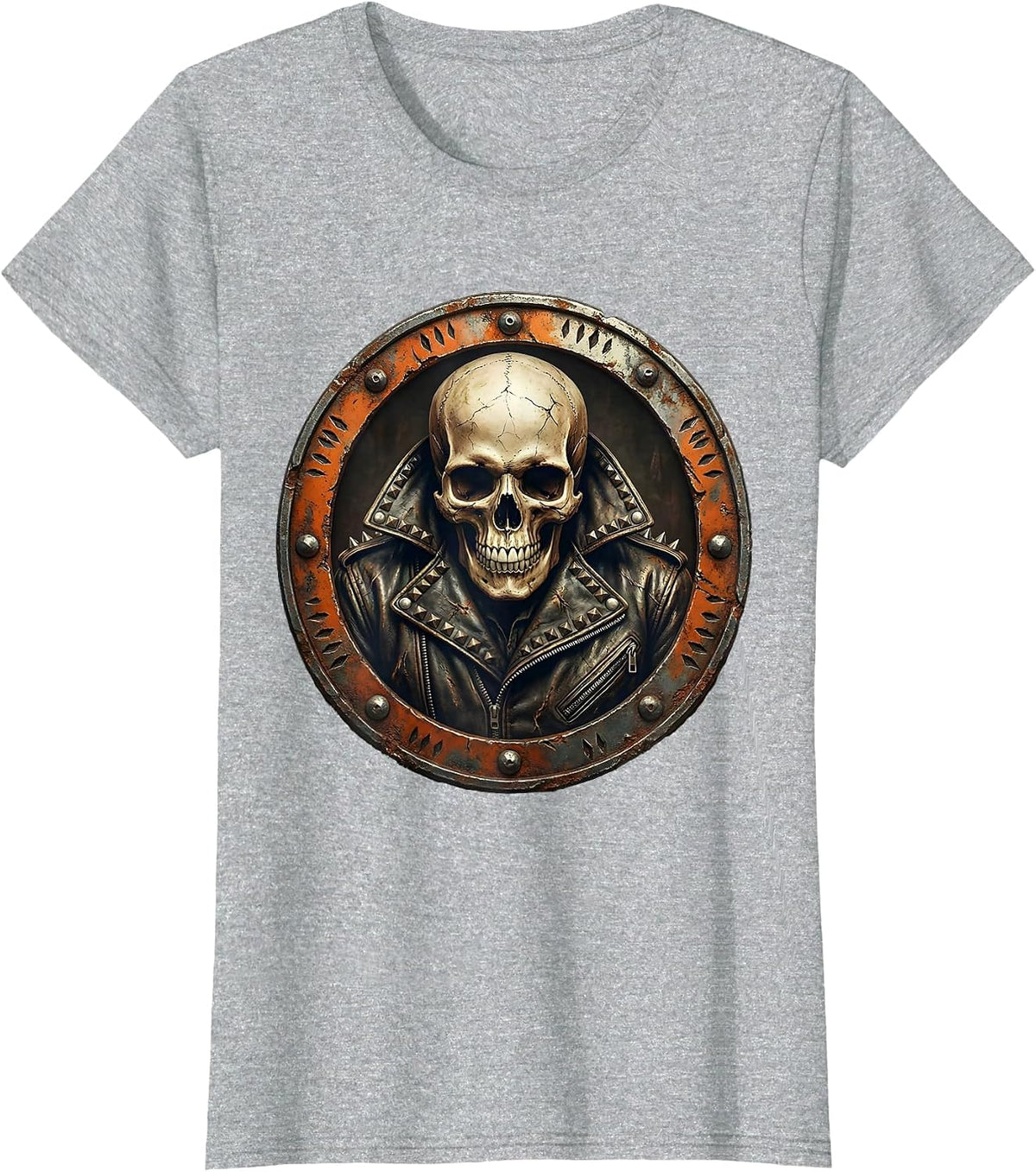 Skull in Studded Leather Jacket 80s Rock Art T-Shirt - Heather Grey