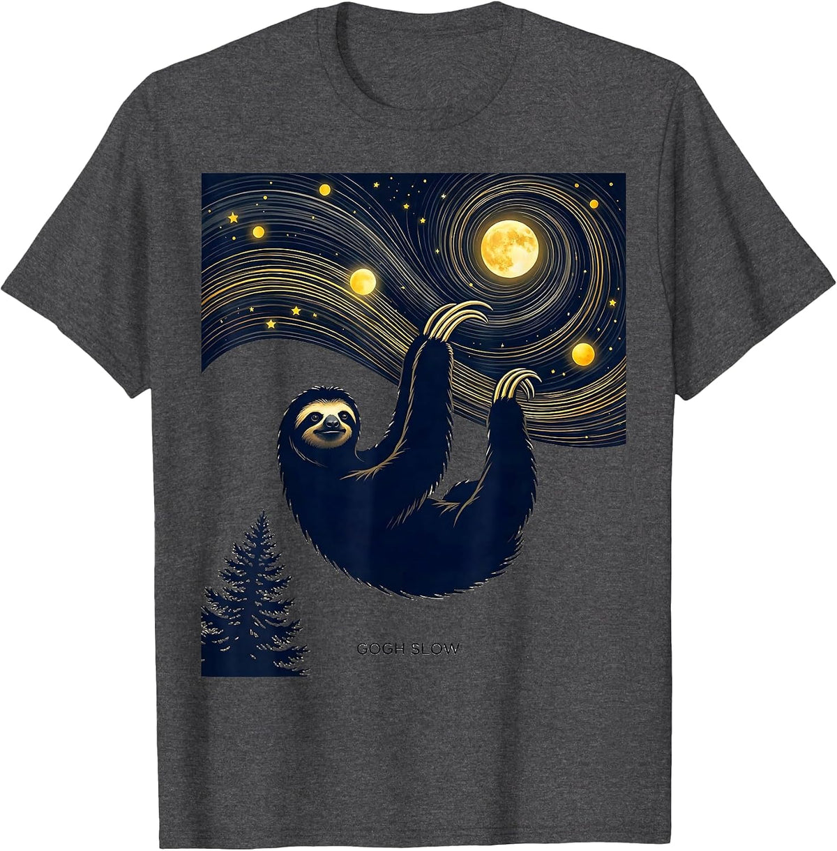 Gogh Slow Silhouette Sloth Art Parody Cat Lover Gift T-Shirt - Dark Heather Grey