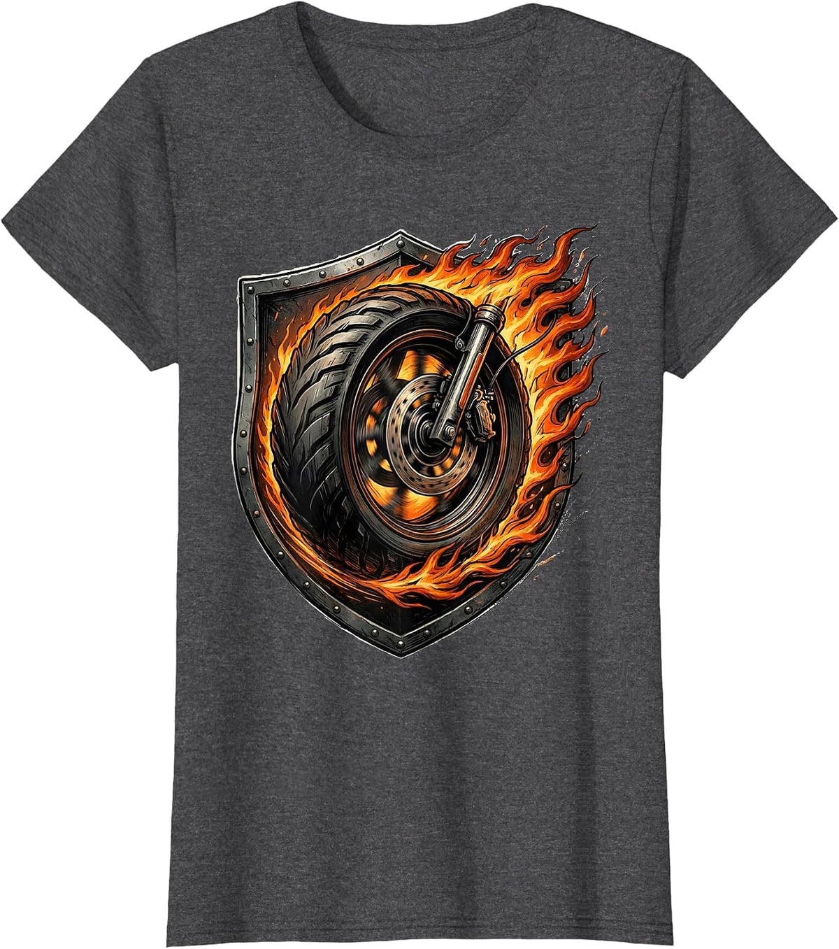 Women's Flaming Motorbike Wheel Rock and Roll Graphic T-Shirt - Dark Heather Grey