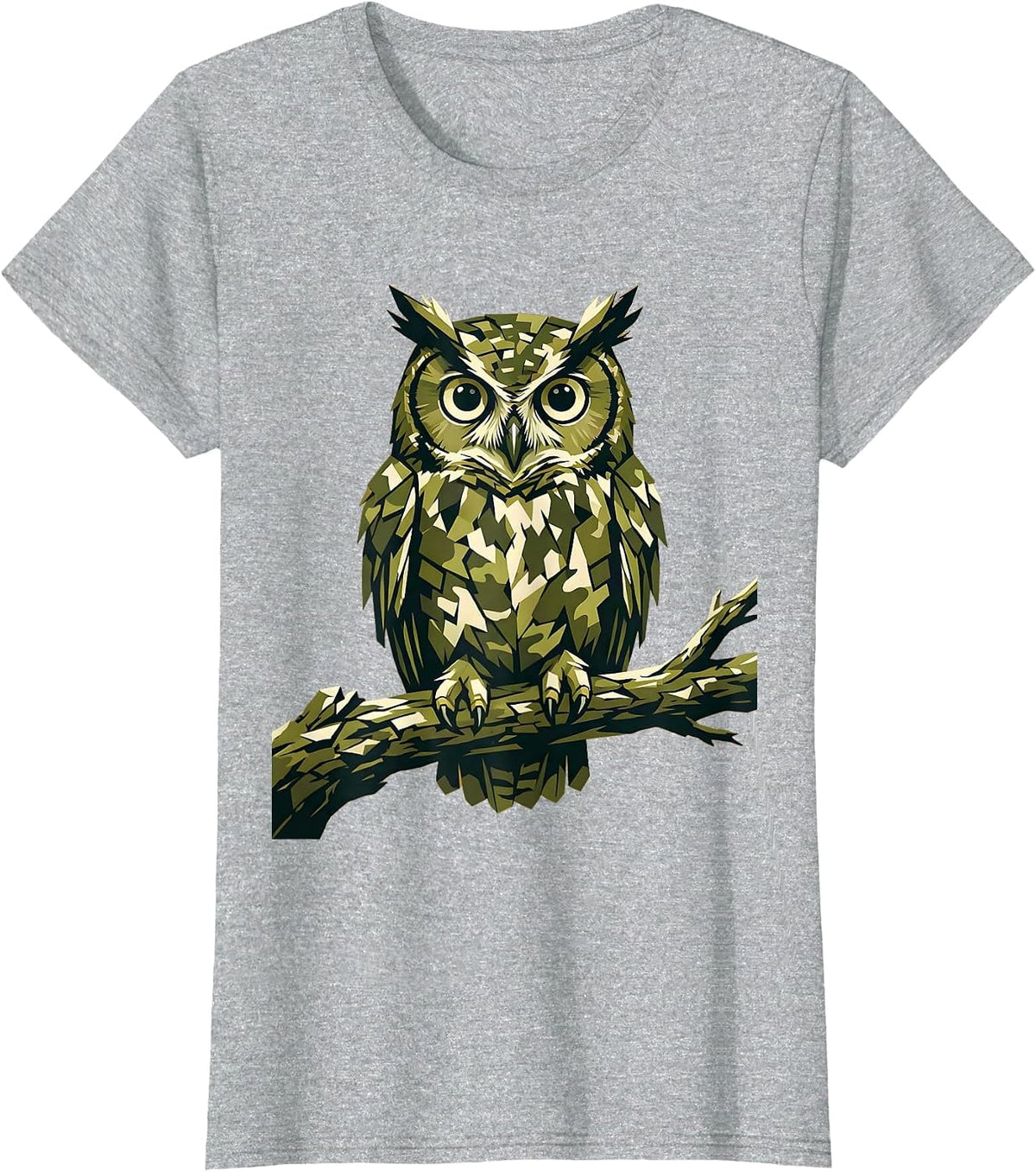Camo Owl Perched on Branch Graphic Design T-Shirt - Heather Grey