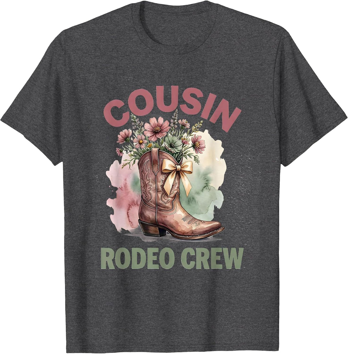 Cousin Rodeo Crew Watercolor Cowgirl Boot Birthday Party T-Shirt - Dark Heather Grey