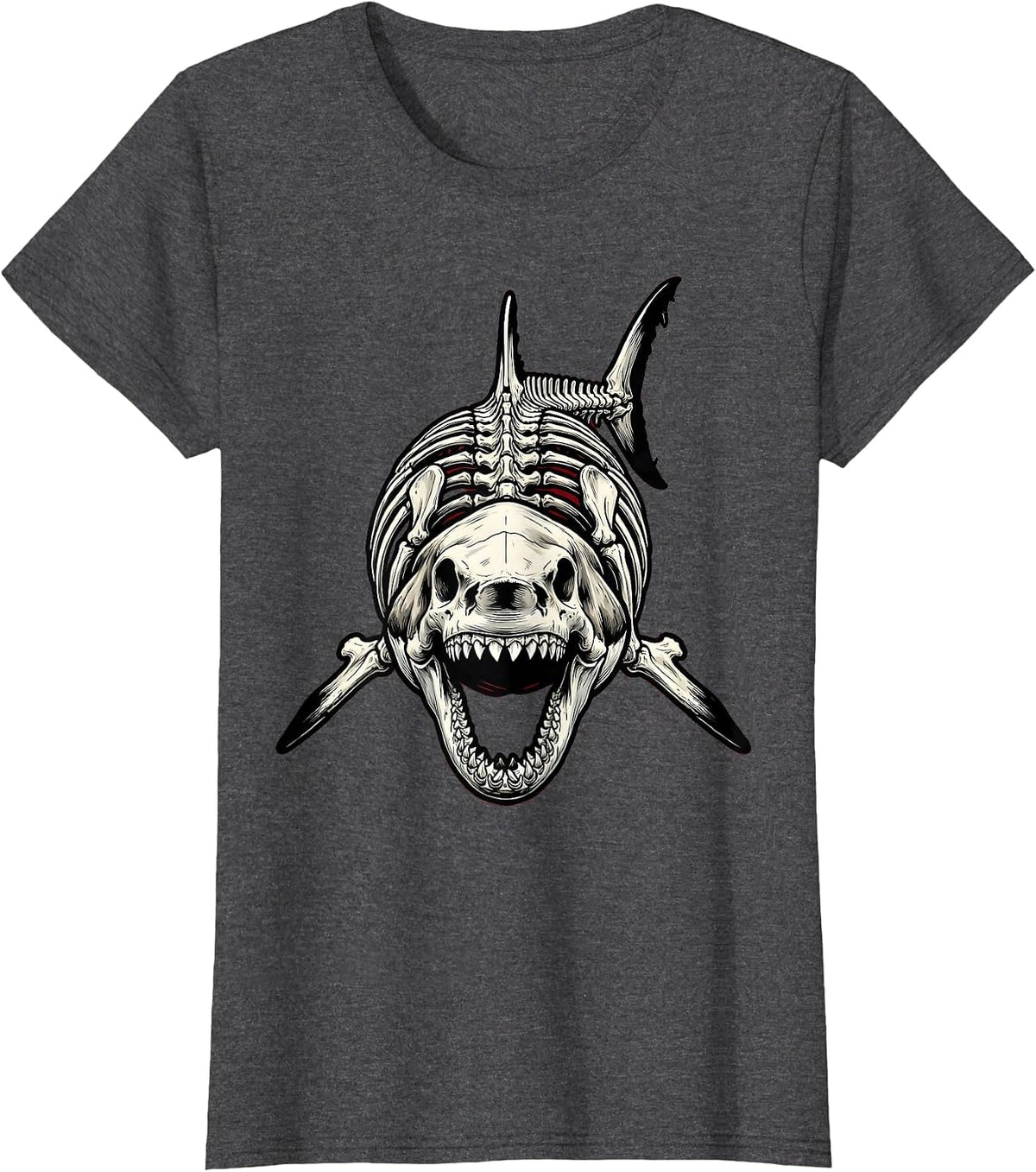 Women's Shark Skeleton Museum Pose Graphic T-Shirt - Dark Heather Grey