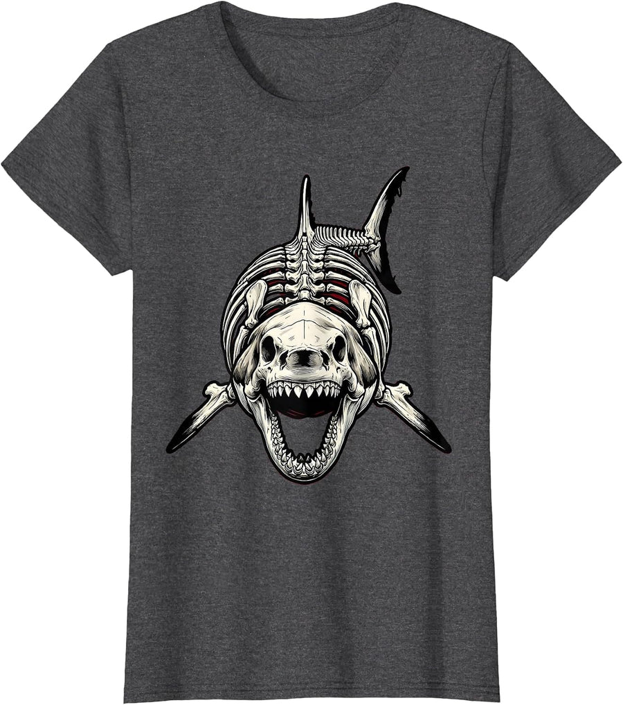 Women's Shark Skeleton Museum Pose Graphic T-Shirt - Dark Heather Grey