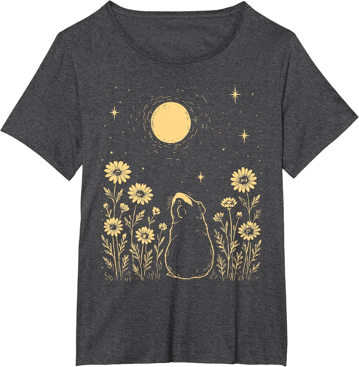 Floral Guinea Pig Moon Celestial Night Flower Animal Lover T-Shirt - Dark Heather Grey