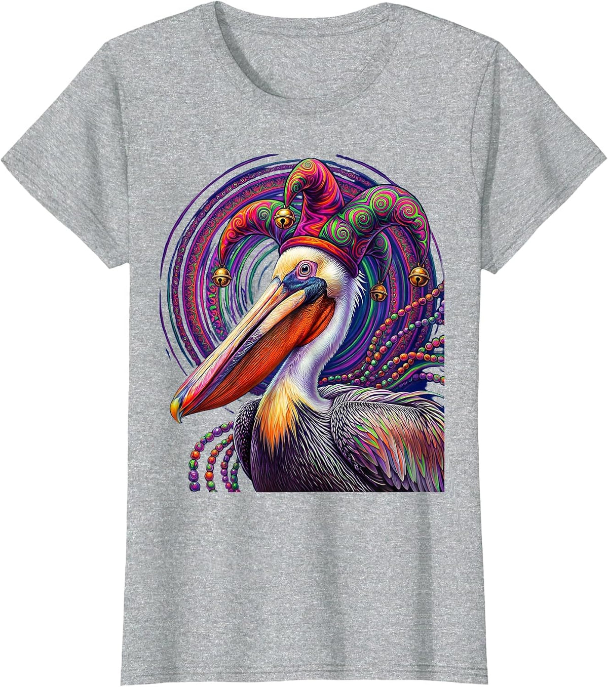 Mardi Gras Pelican Jester Hat and Beads Design T-Shirt - Heather Grey