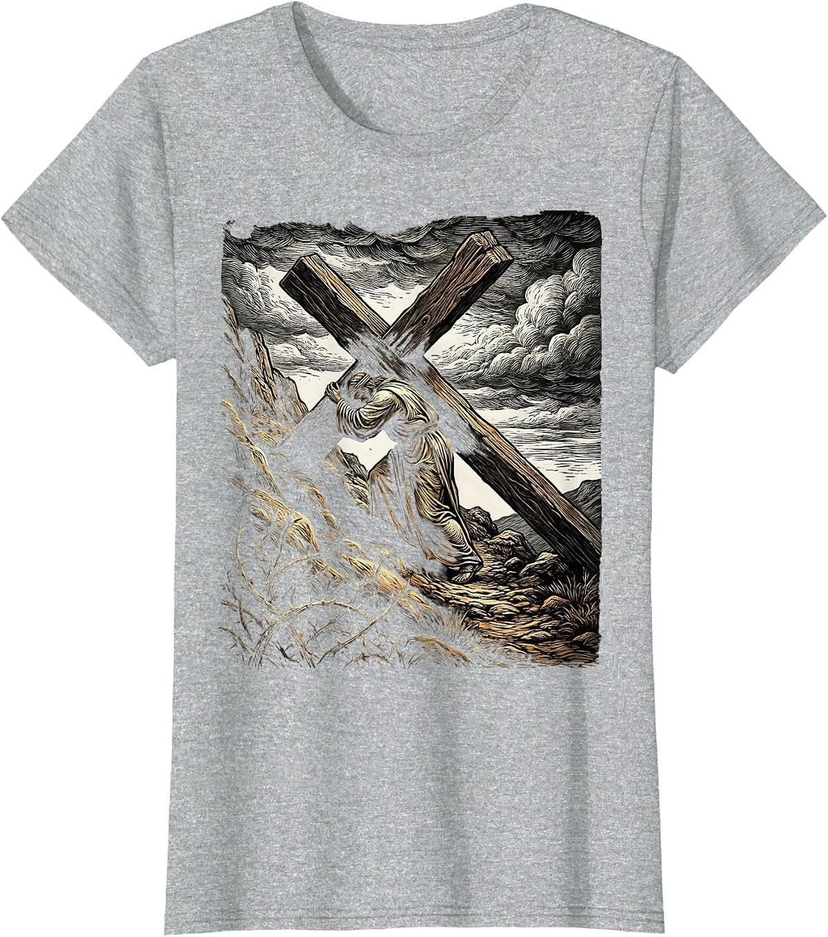 Jesus Carrying the Cross Up the Hillside T-Shirt - Heather Grey