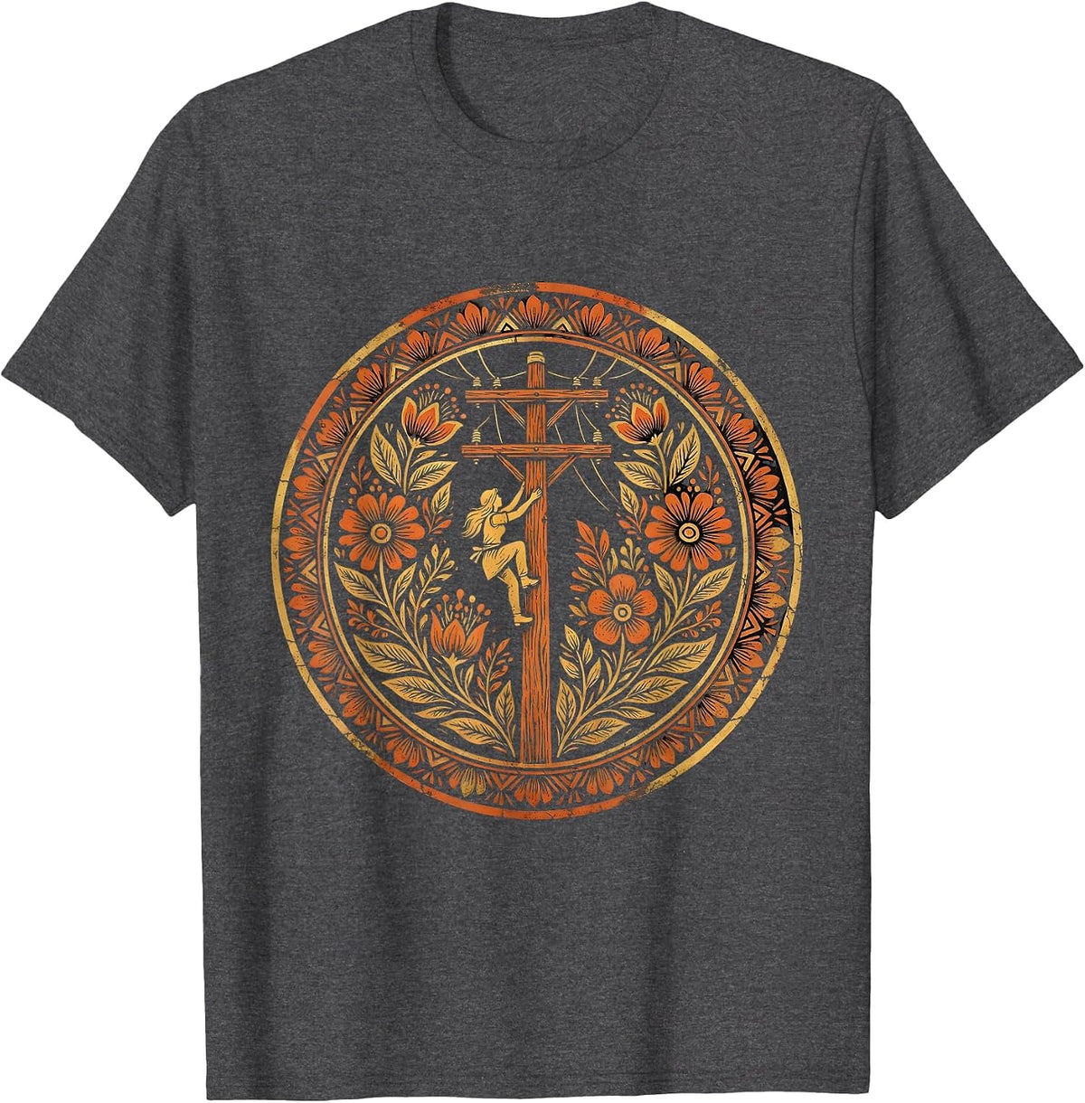 Men's Electrician Climbing Utility Pole Graphic Tee T-Shirt - Dark Heather Grey