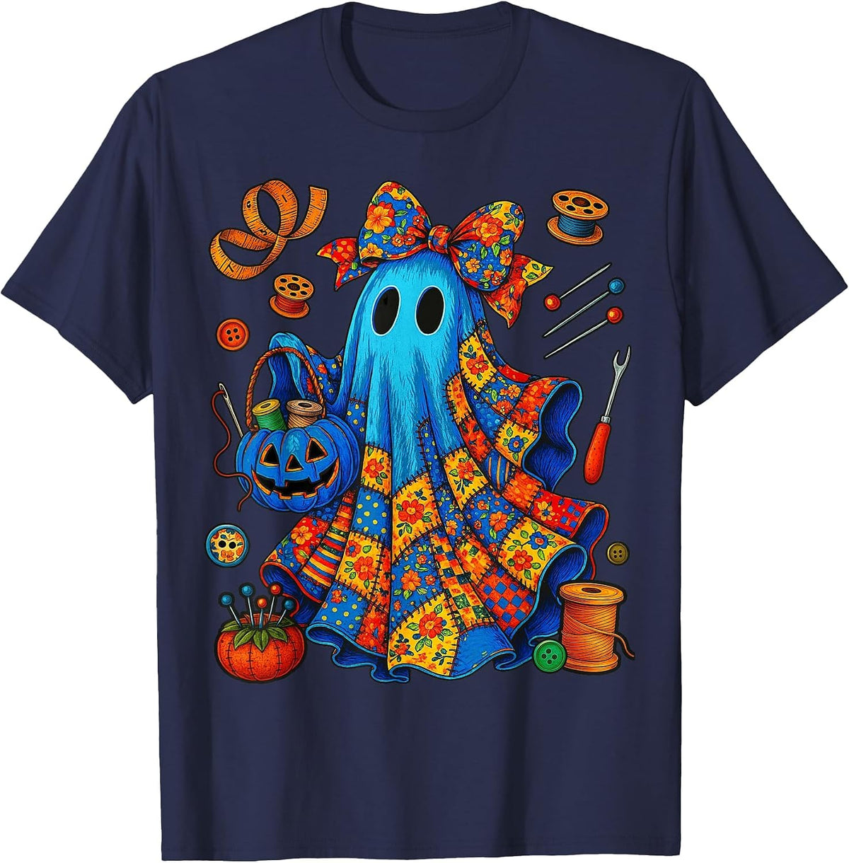 Halloween Boo Ghost Patchwork Quilter Quilting Sewing Womens T-Shirt - Navy Blue
